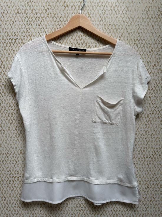 Sanctuary Tops - Sanctuary Linen Tee White VNeck Chiffon Hem Pocket Top Relaxed Boho L